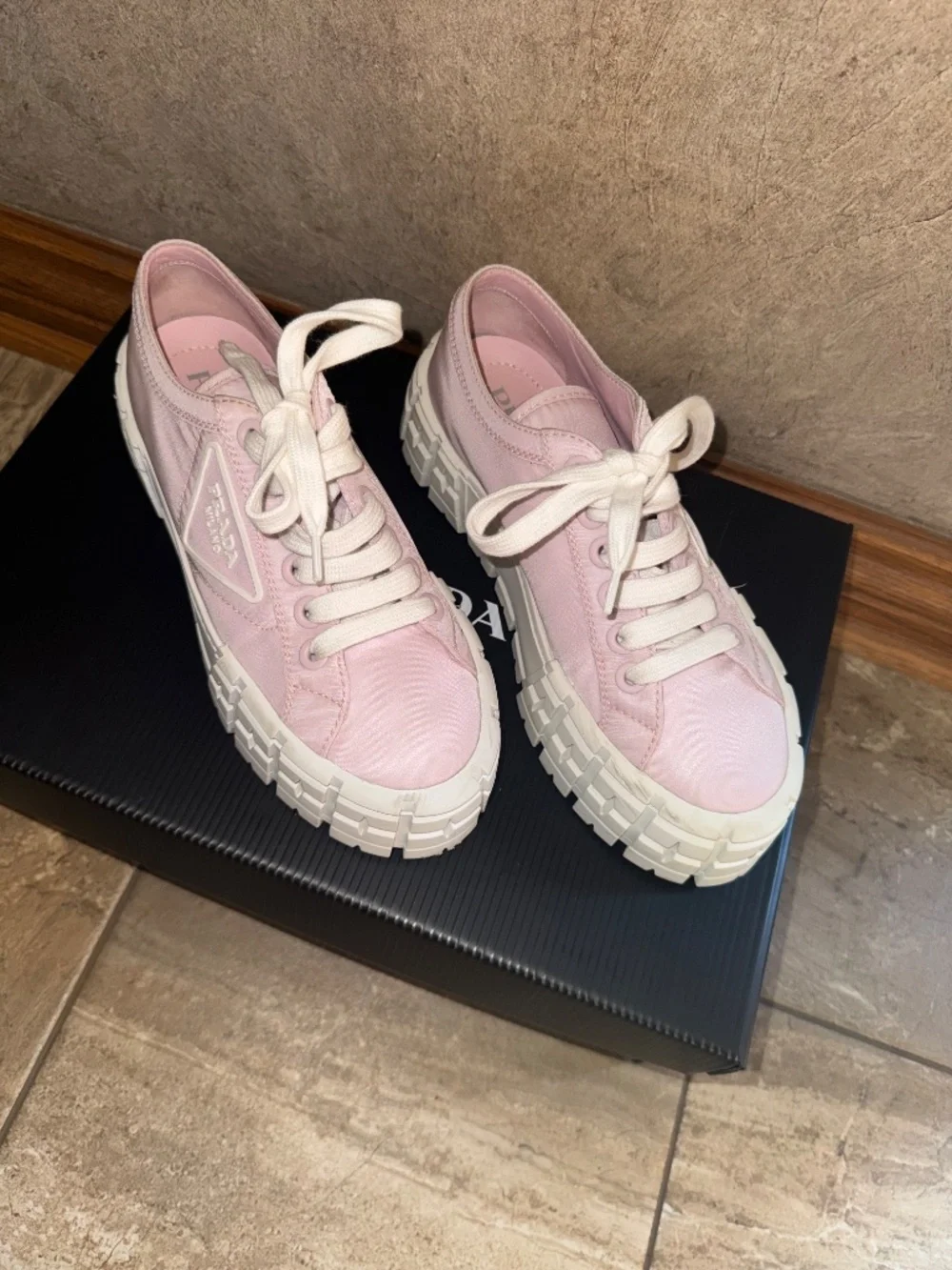 Prada Light Pink Platform Lace-Up Low-Top Sneakers